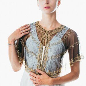 Beaded special occasion shrug / Black Gold shiny evening capelet / Sequin Poncho